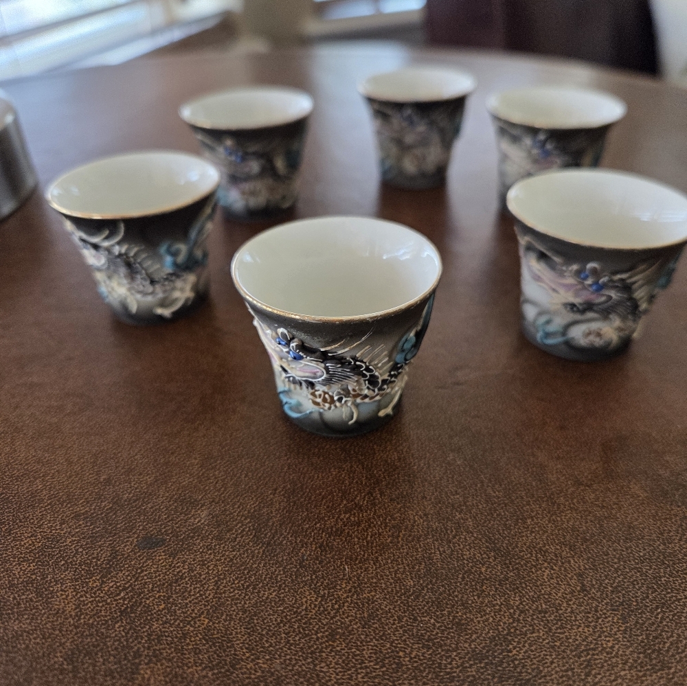 Japanese Moriage Dragonware Sake Cups With Lithopane Geisha Girl Image At Bottom